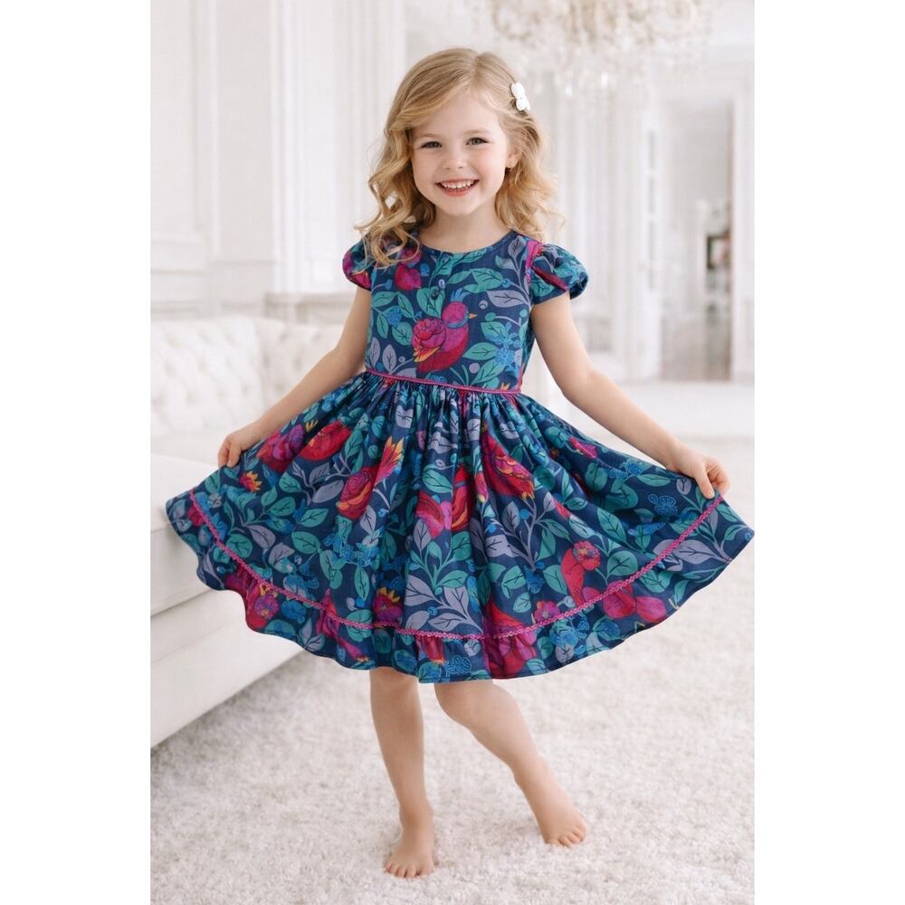 Monsoon Size 7 Girls Dress Bird Novelty Print Lined Short Sleeve